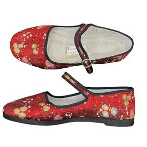 Pandamerica Red Floral Mary Jane Flats Chinese Slippers Size 41 Red Gold Buckle